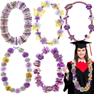 Kosiz 7 Set 2025 Graduation Money Lei 48'' Candy Lei Kit with Flowers Sticker DIY Graduation Ribbon Necklace Congrats Grad Gift for Grad Party Senior High College School(Purple,Elegant)