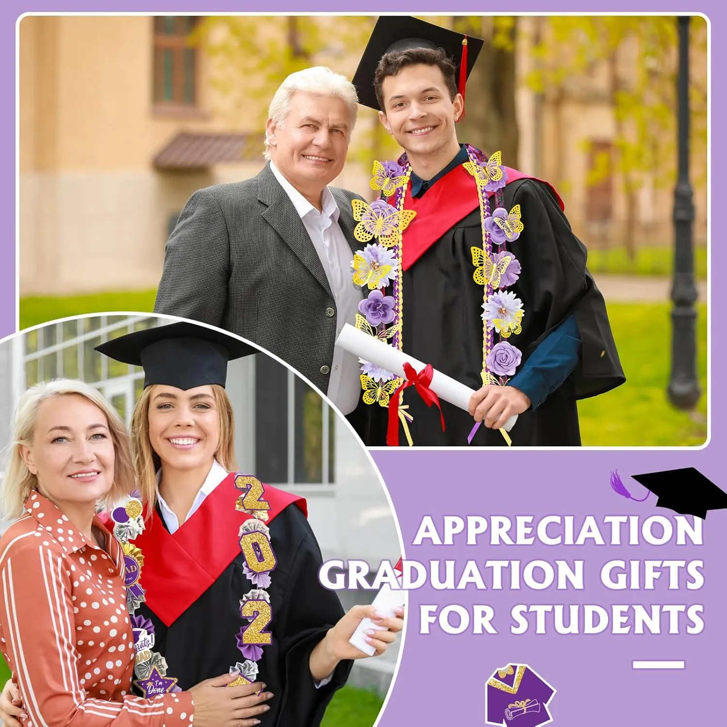 Kosiz 7 Set 2025 Graduation Money Lei 48'' Candy Lei Kit with Flowers Sticker DIY Graduation Ribbon Necklace Congrats Grad Gift for Grad Party Senior High College School(Purple,Elegant)