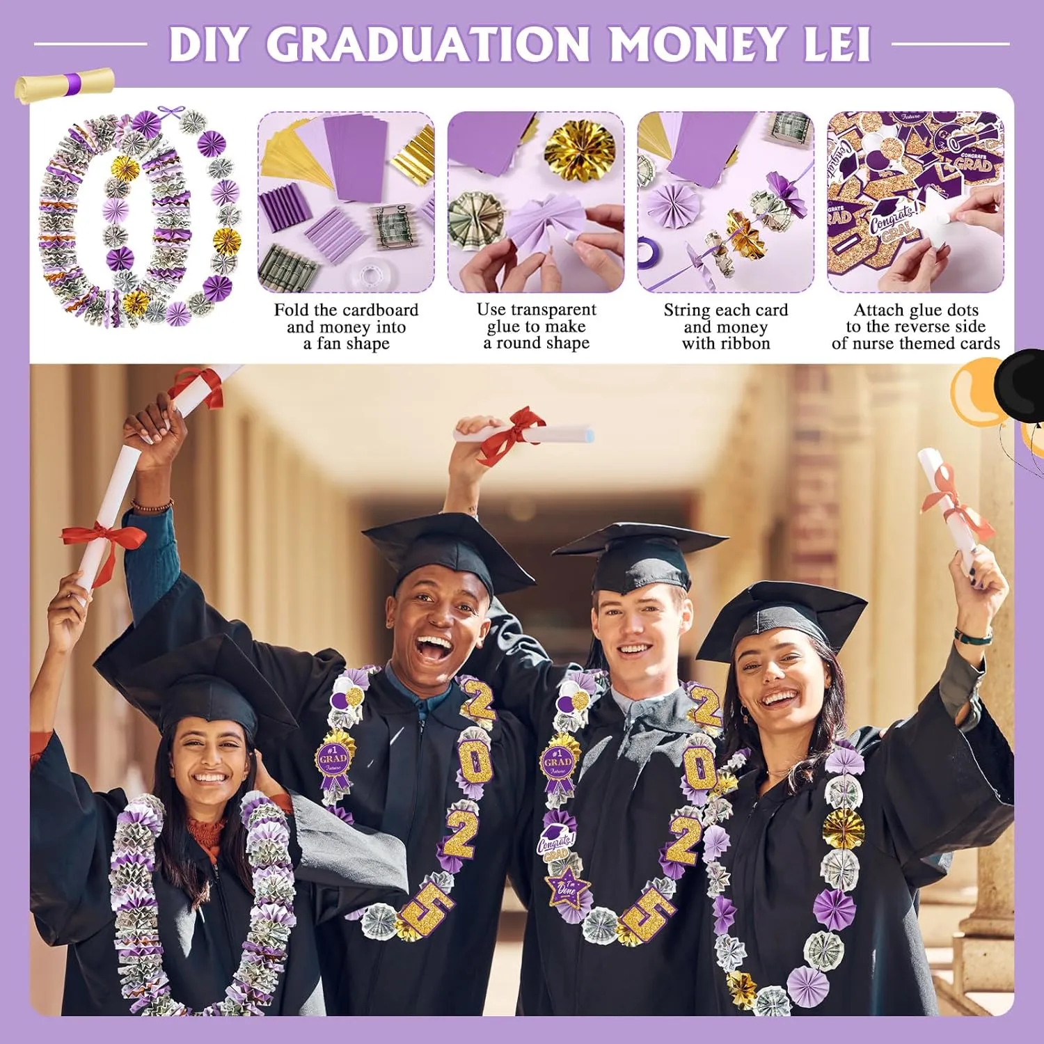 Kosiz 7 Set 2025 Graduation Money Lei 48'' Candy Lei Kit with Flowers Sticker DIY Graduation Ribbon Necklace Congrats Grad Gift for Grad Party Senior High College School(Purple,Elegant)