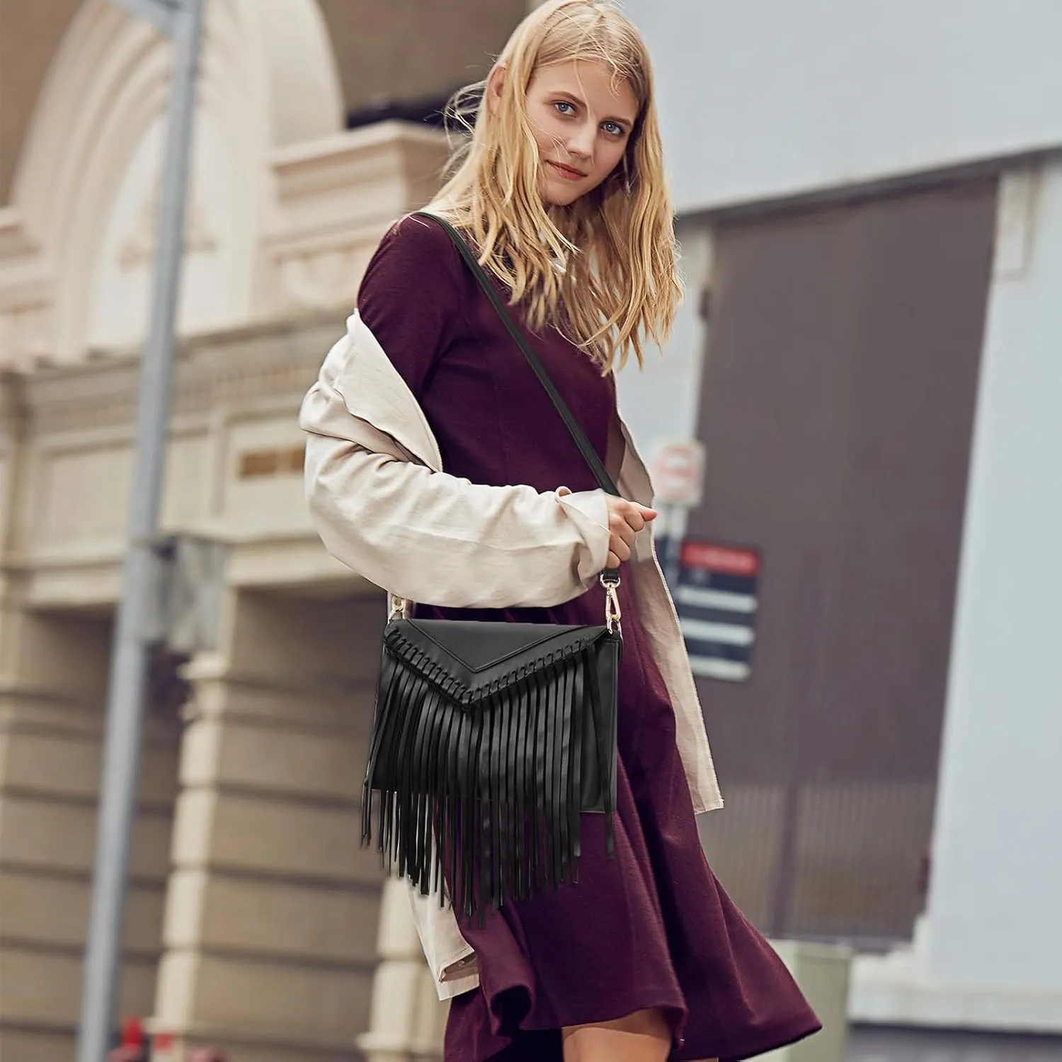 KouLi Buir Tassel Crossbody Purse for Women PU Leather Western Hobo Fringe Handbag Shoulder Bag