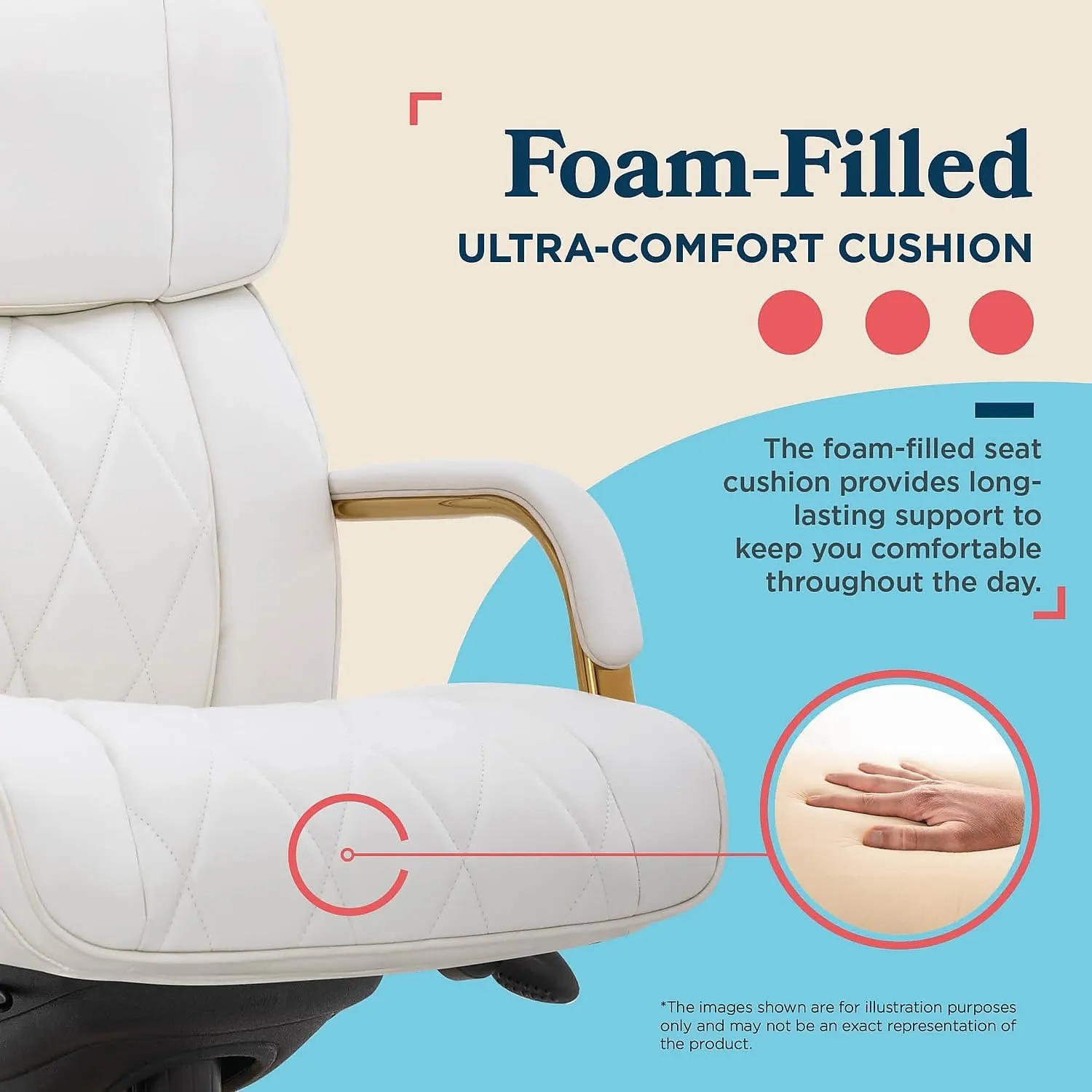 La-Z-Boy® Symphony Executive Mid-Back Office Chair, Diamond Quilt Design, Pocket Coil Cushion, Padded Armrests, Ergonomic Computer DeskChair, Swivel Metal Base, Bonded Leather, White and Gold