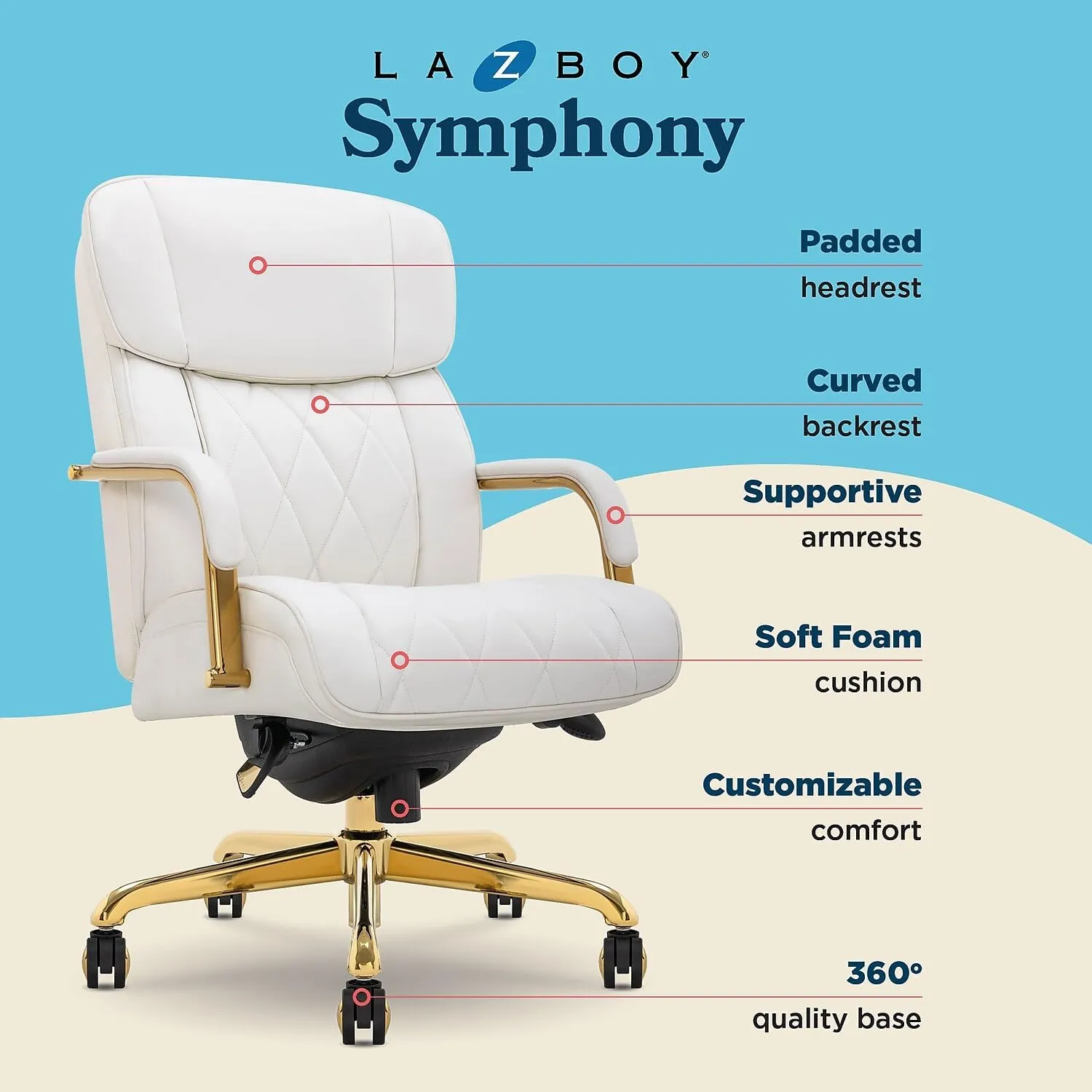 La-Z-Boy® Symphony Executive Mid-Back Office Chair, Diamond Quilt Design, Pocket Coil Cushion, Padded Armrests, Ergonomic Computer DeskChair, Swivel Metal Base, Bonded Leather, White and Gold