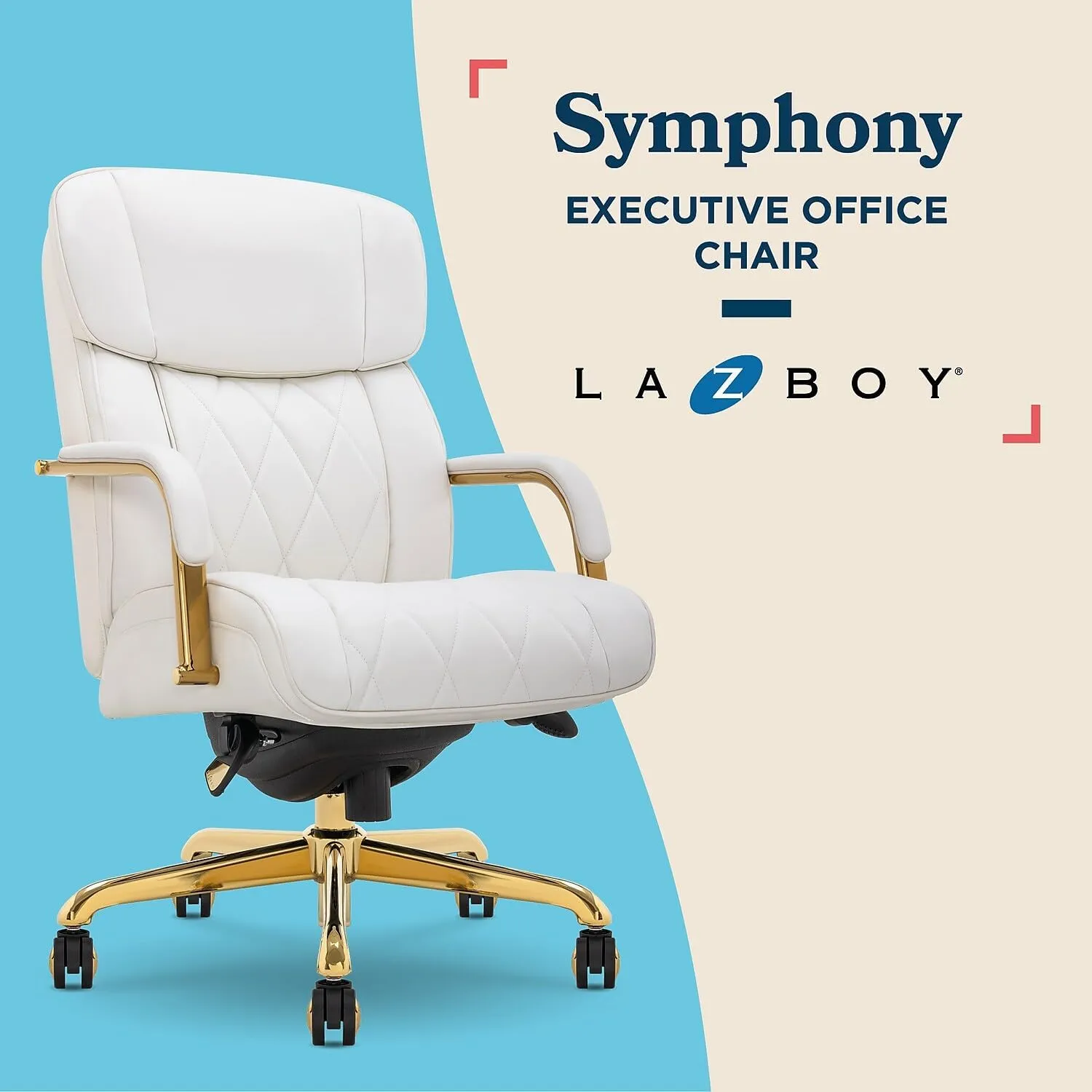 La-Z-Boy® Symphony Executive Mid-Back Office Chair, Diamond Quilt Design, Pocket Coil Cushion, Padded Armrests, Ergonomic Computer DeskChair, Swivel Metal Base, Bonded Leather, White and Gold
