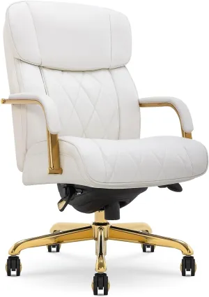 La-Z-Boy® Symphony Executive Mid-Back Office Chair, Diamond Quilt Design, Pocket Coil Cushion, Padded Armrests, Ergonomic Computer DeskChair, Swivel Metal Base, Bonded Leather, White and Gold