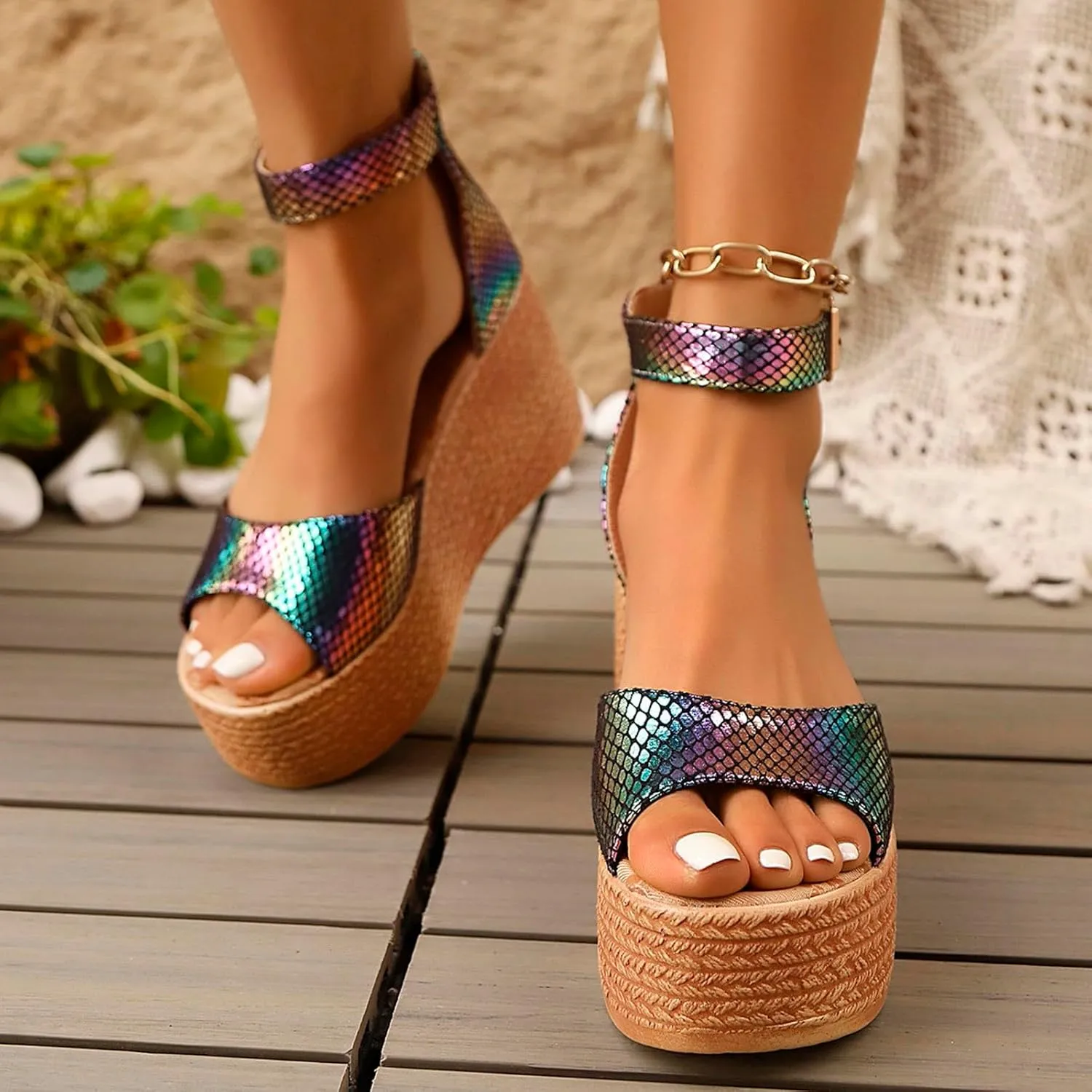 Ladies Bohemian Weave Open Toe Buckle Strap Slope Heel Thick Soled Roman Sandals Flip Flop Sandals for Women Wedge