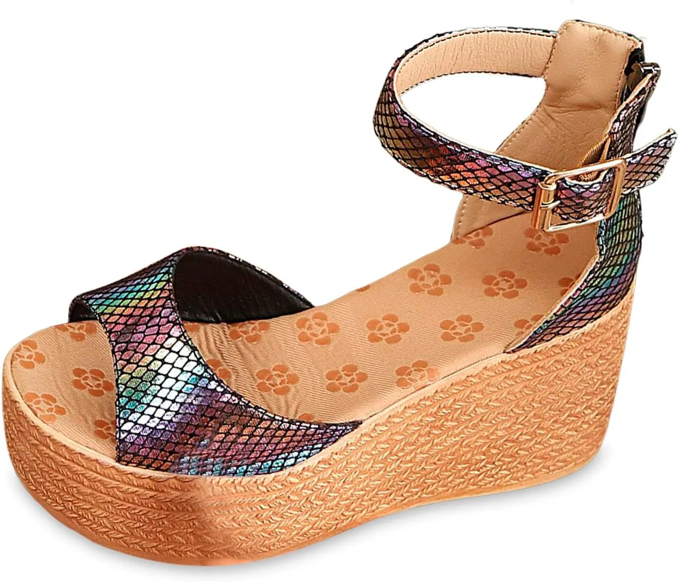 Ladies Bohemian Weave Open Toe Buckle Strap Slope Heel Thick Soled Roman Sandals Flip Flop Sandals for Women Wedge