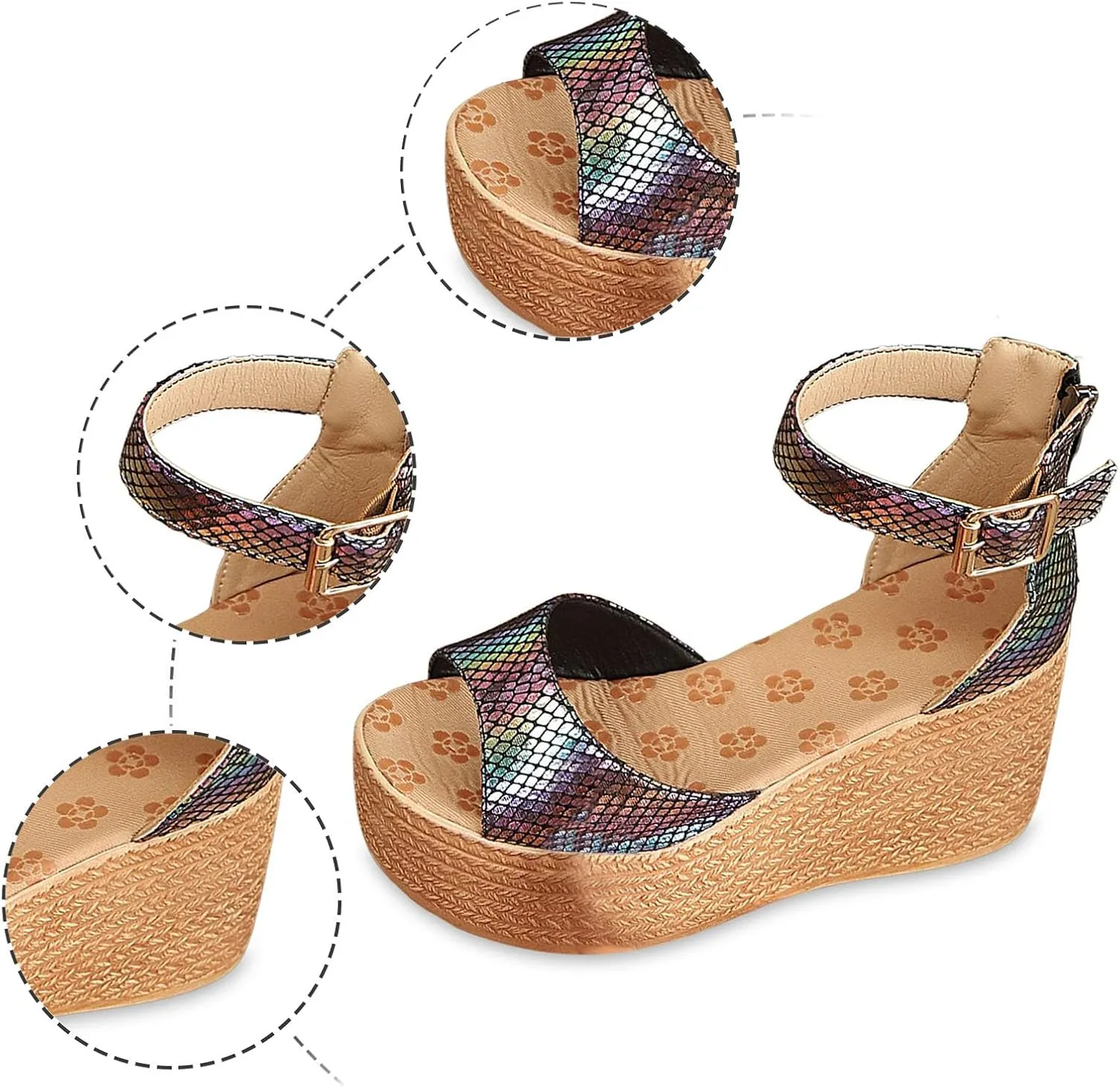 Ladies Bohemian Weave Open Toe Buckle Strap Slope Heel Thick Soled Roman Sandals Flip Flop Sandals for Women Wedge