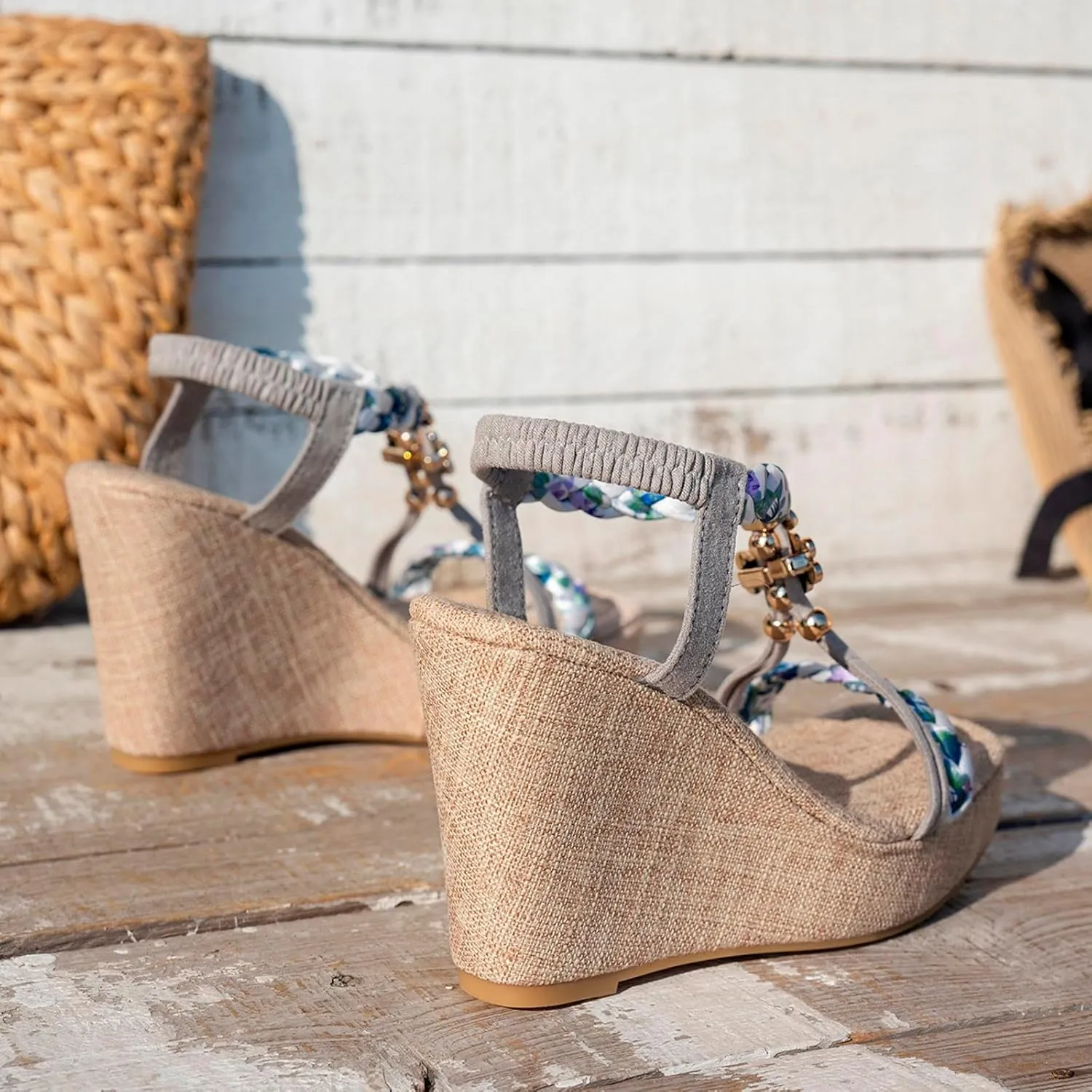 Ladies' European And America Foreign Trade One Line Buckle With Slope Heel Sandals Large Size Straw Weaving Rope Shoes plus Size Sandals Wide Width