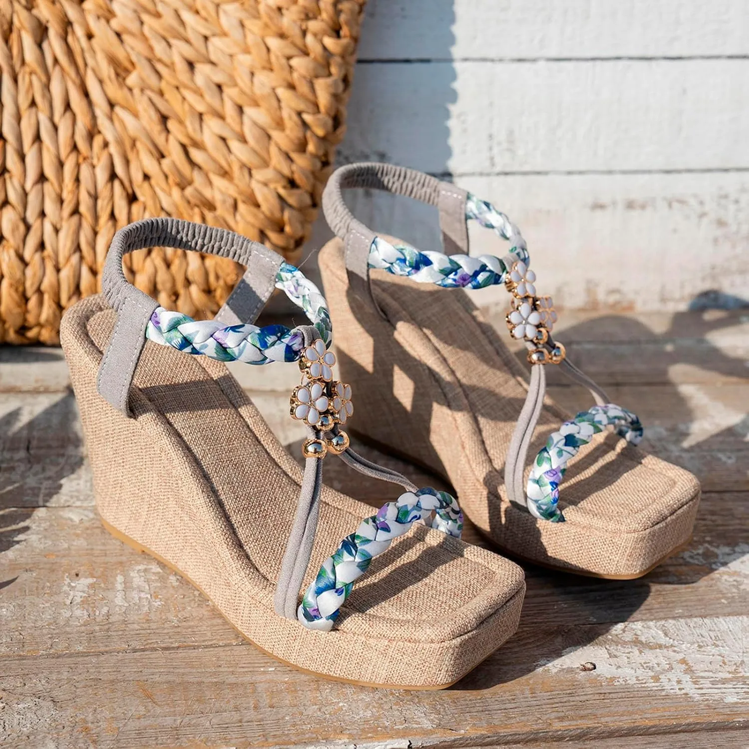 Ladies' European And America Foreign Trade One Line Buckle With Slope Heel Sandals Large Size Straw Weaving Rope Shoes plus Size Sandals Wide Width