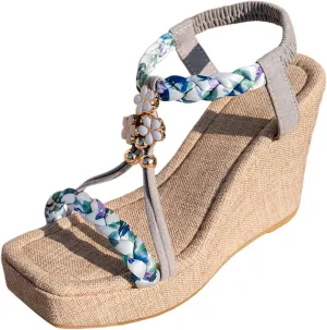 Ladies' European And America Foreign Trade One Line Buckle With Slope Heel Sandals Large Size Straw Weaving Rope Shoes plus Size Sandals Wide Width