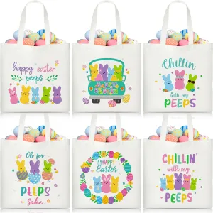 laffact Easter Canvas Tote Bag - 6Pcs Happy Easter Colorful Bunny Peeps Treat Tote Bags with Handles Bulk Chillin with My Peeps Grocery Shoulder Happy Egg Hunt Bag Spring Party Favors Gift for Kids