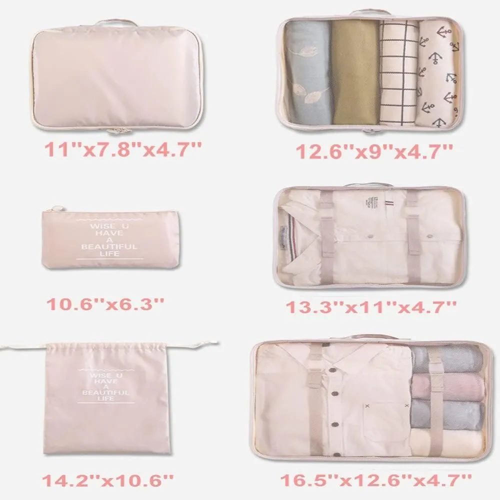 LANGUGU Compression Travel Luggage Organizers 6 Set, Mesh Clothes Bags Luggage Travel Packing Cubes with Bra Underwear Bag for Carry-on Luggage, Suitcase and Backpacking Accessories (Beige)