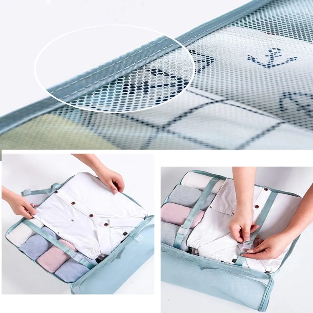LANGUGU Compression Travel Luggage Organizers 6 Set, Mesh Clothes Bags Luggage Travel Packing Cubes with Bra Underwear Bag for Carry-on Luggage, Suitcase and Backpacking Accessories (Pink Strip)