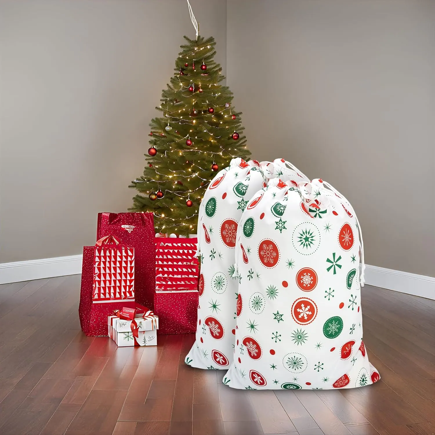 Large Christmas Gift Bags, Reusable Extra Large Gift Bag Jumbo Xmas Holiday Santa Present Bags Sacks, Laundry Bag With Handles, White (M, 2 Pack)