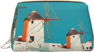 Leather Makeup Bag, Colorful Greek Windmills Cosmetic Bags Travel Toiletry Bag for Women, Make up Bag, Large Capacity Makeup Bag Organizer, Cute Makeup Pouch Makeup Case