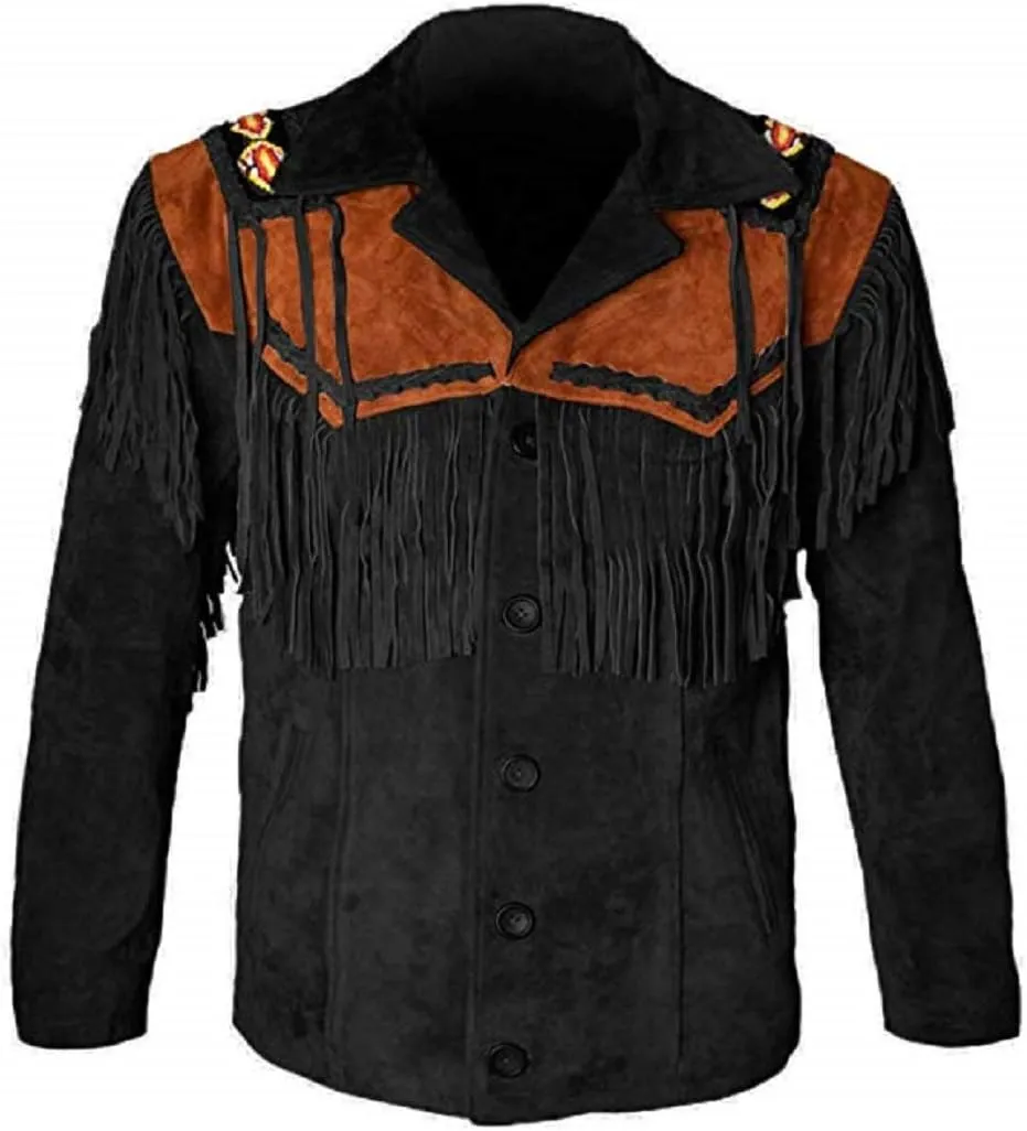 LEATHERAY Western Leather Jackets for Men Cowboy Leather Jacket and Fringe Beaded Coat Suede Leather shirt