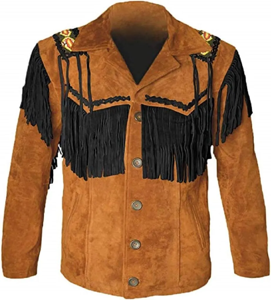 LEATHERAY Western Leather Jackets for Men Cowboy Leather Jacket and Fringe Beaded Coat Suede Leather shirt