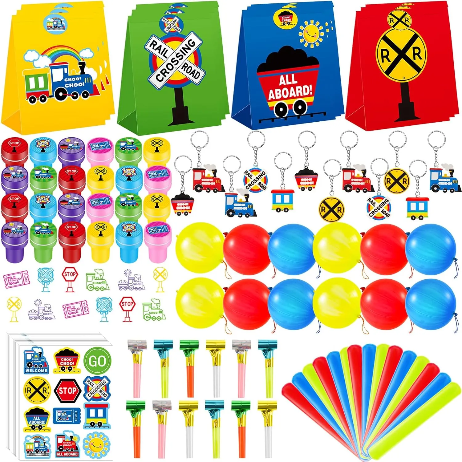 Lenwen 252 Pcs Train Party Favors Candy Bags Punch Balloons Stamps Stickers Train Slap Bracelets Keychain Noisemakers for Boy Kids Birthday Supplies