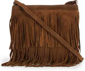 LiaTalia Womens Fringe Handbag - Real Italian Suede Leather - Tassle Effect Shoulder Bag in Medium Size - Ashley