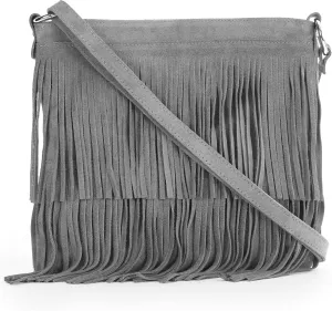 LiaTalia Womens Fringe Handbag - Real Italian Suede Leather - Tassle Effect Shoulder Bag in Medium Size - Ashley