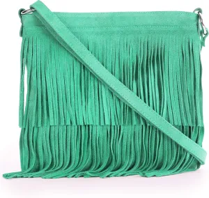 LiaTalia Womens Fringe Handbag - Real Italian Suede Leather - Tassle Effect Shoulder Bag in Medium Size - Ashley