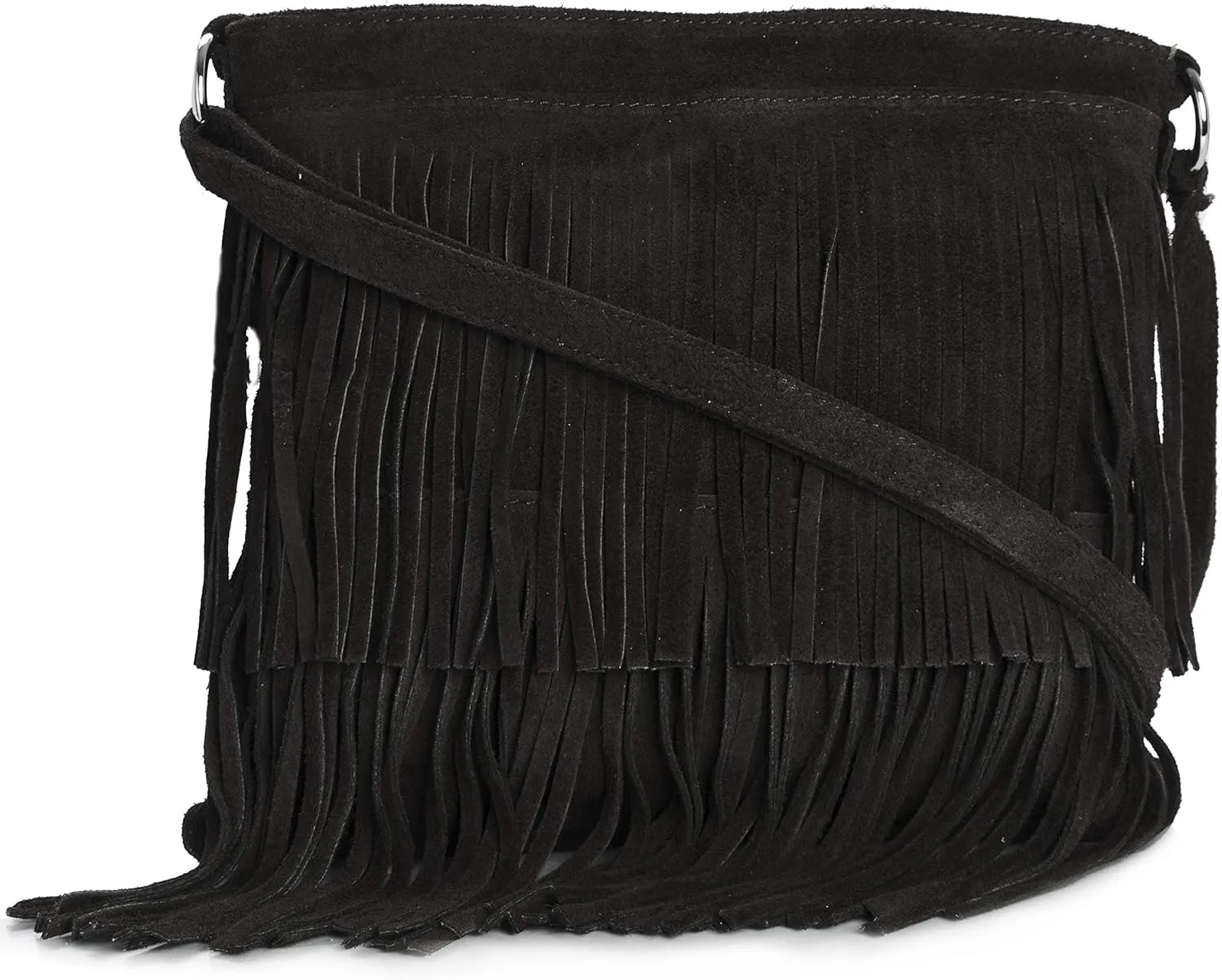 LiaTalia Womens Fringe Handbag - Real Italian Suede Leather - Tassle Effect Shoulder Bag in Small Size - Robin