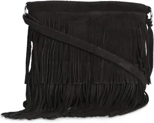 LiaTalia Womens Fringe Handbag - Real Italian Suede Leather - Tassle Effect Shoulder Bag in Small Size - Robin