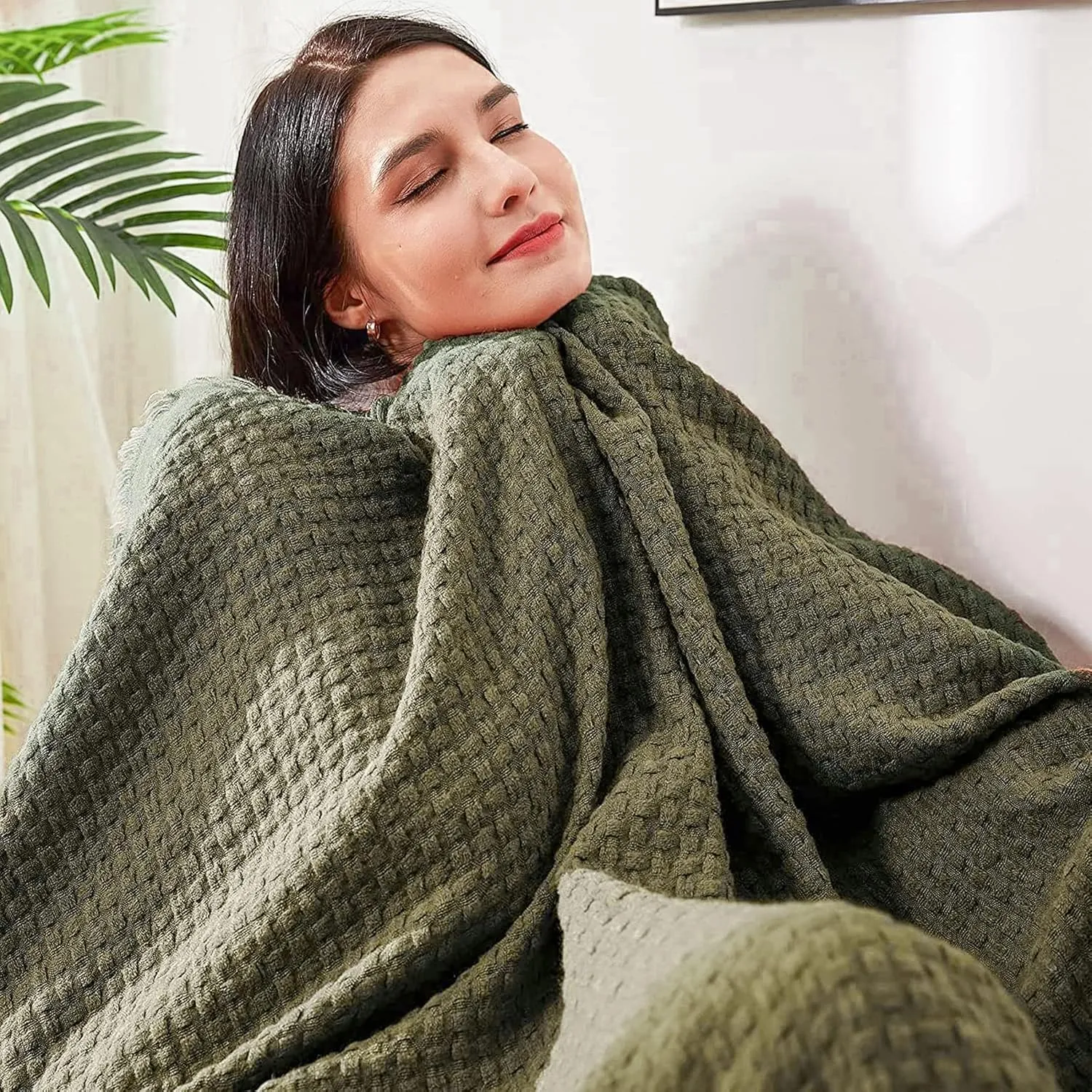 lifein Fall Throw Blanket for Couch-Soft Boho Bed Throw Blankets,Cozy Knitted Green Waffle Throw,Small Farmhouse Lightweight Blanket&Throw for Autumn,Woman,Man,Chair,Sofa,Home Decor(Green,50 * 60")