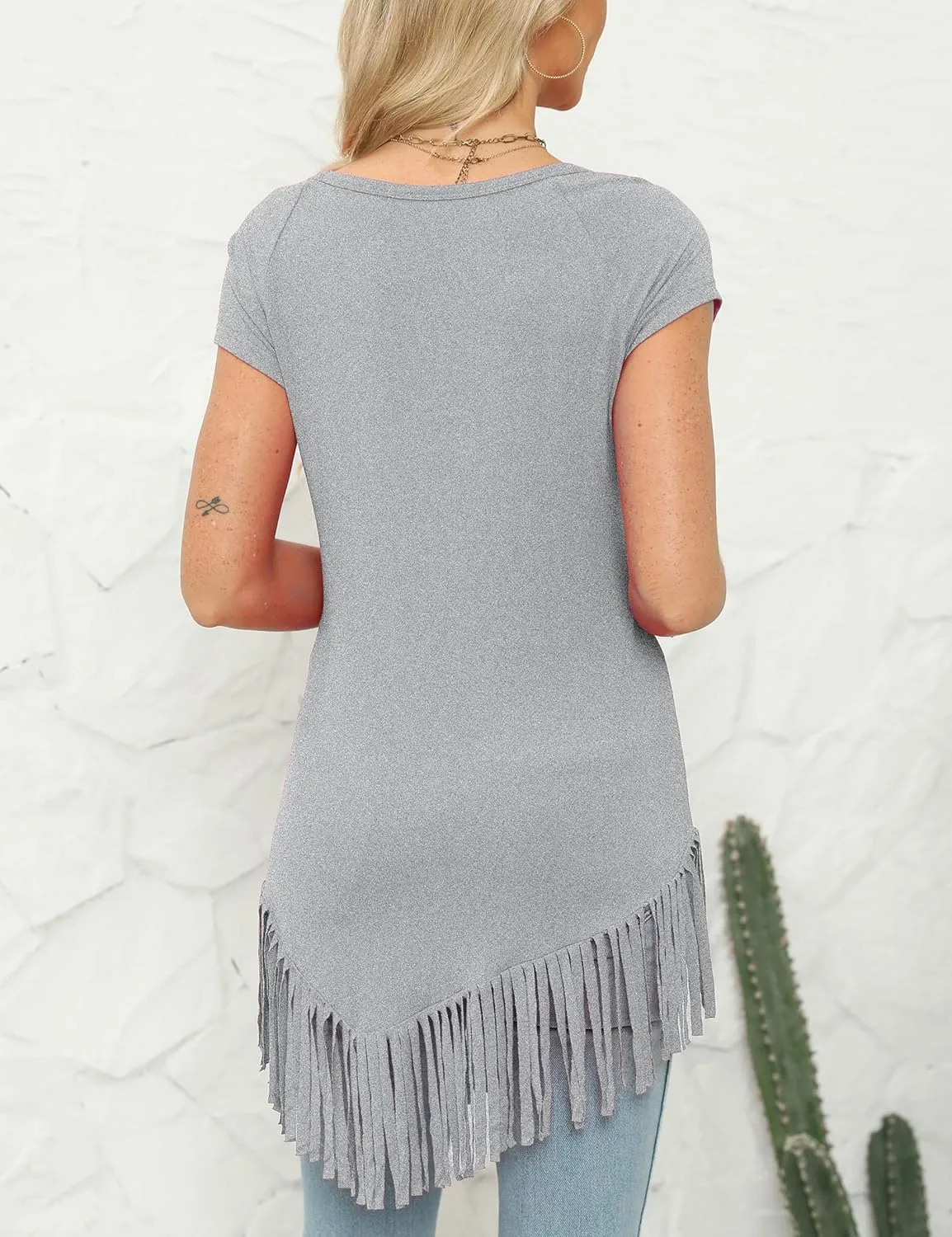 liher Women's Summer Tshirts Raglan Short Sleeve Round Neck Asymmetric Hem Fringe Shirt Tunic Tops
