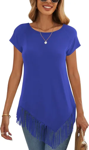 liher Women's Summer Tshirts Raglan Short Sleeve Round Neck Asymmetric Hem Fringe Shirt Tunic Tops