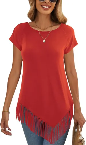 liher Women's Summer Tshirts Raglan Short Sleeve Round Neck Asymmetric Hem Fringe Shirt Tunic Tops