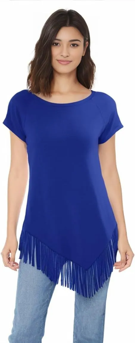 liher Women's Summer Tshirts Raglan Short Sleeve Round Neck Asymmetric Hem Fringe Shirt Tunic Tops