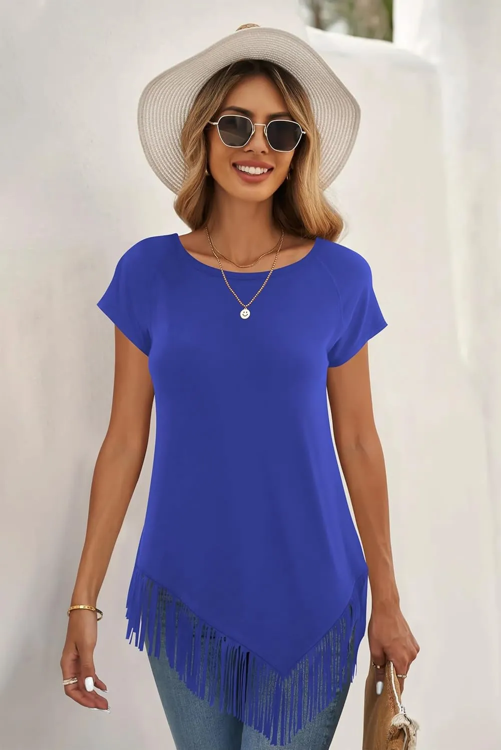 liher Women's Summer Tshirts Raglan Short Sleeve Round Neck Asymmetric Hem Fringe Shirt Tunic Tops