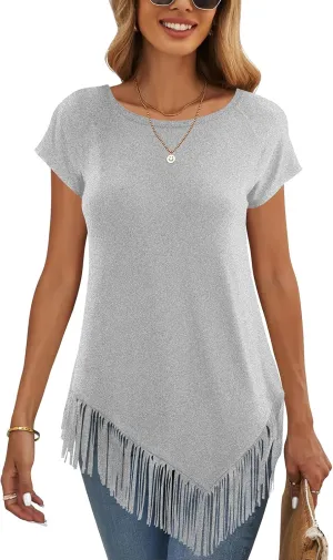 liher Women's Summer Tshirts Raglan Short Sleeve Round Neck Asymmetric Hem Fringe Shirt Tunic Tops