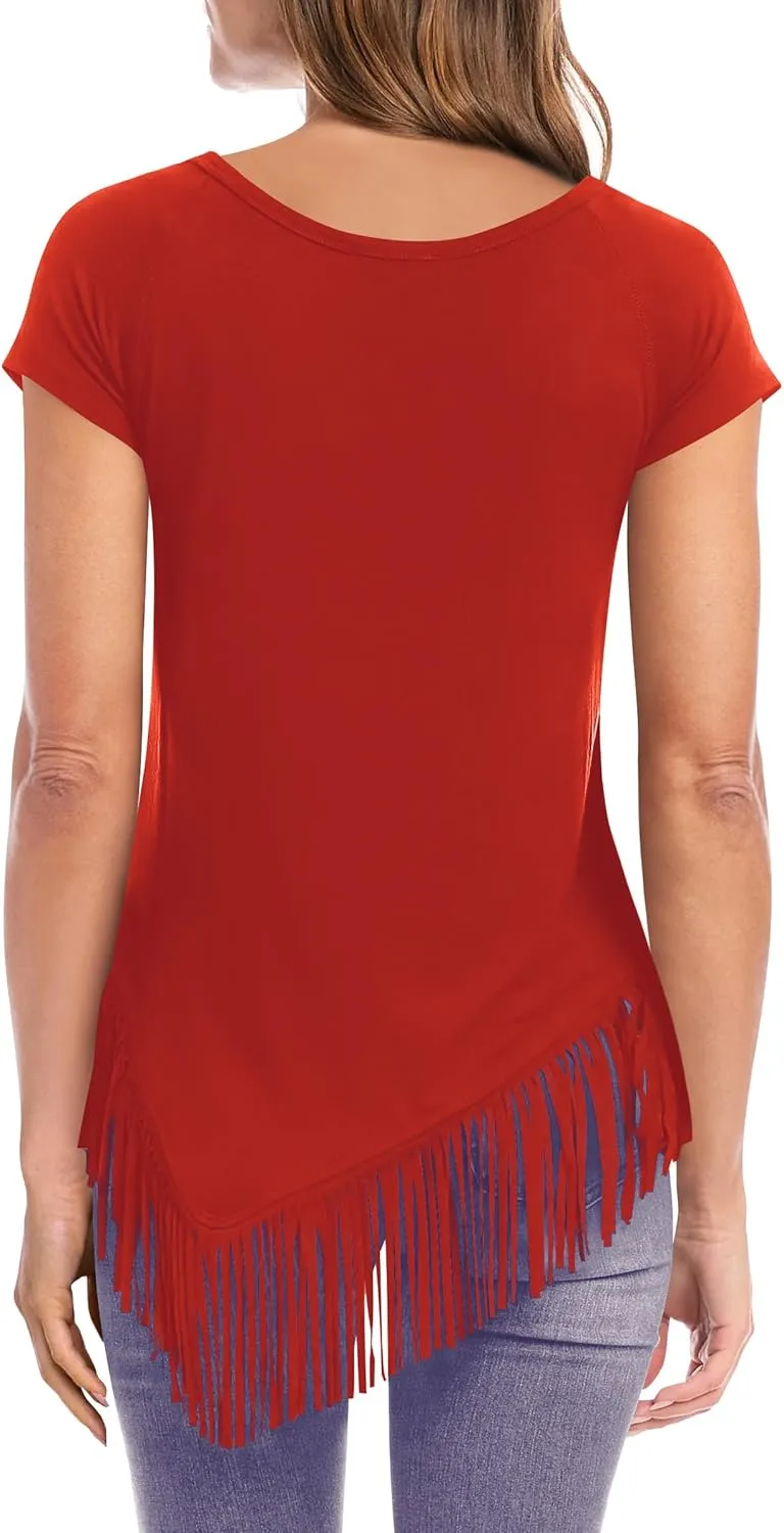 liher Women's Summer Tshirts Raglan Short Sleeve Round Neck Asymmetric Hem Fringe Shirt Tunic Tops