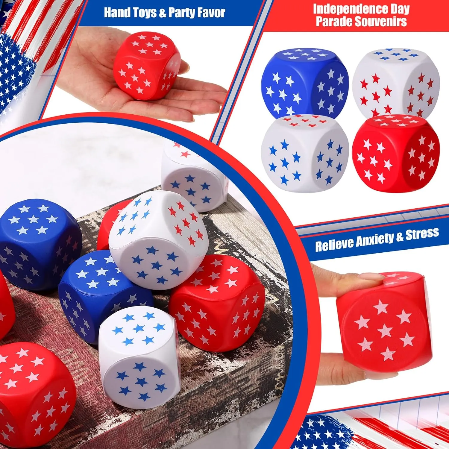 Liliful 60 Pcs 4th of July Stress Balls Bulk 1.57 Inch Mini Patriotic Stress Balls Red White and Blue Star Cubes Relief Fidget Toys for Independence Day Memorial Day Party Supplies