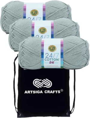 Lion Brand 24/7 Cotton DK Silver Lining 769-149 (3-Skeins - Same Dye Lot) DK Light Worsted #3 Cotton Yarn for Crocheting and Knitting with Project Bag