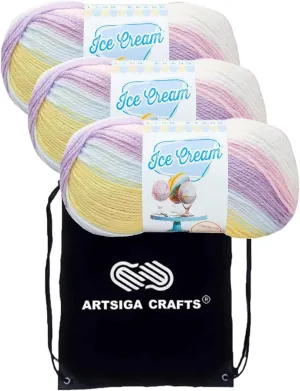 Lion Brand Ice Cream Cotton Candy 923-201 (3-Skeins - Same Dye Lot) Baby Sport #2 Acrylic Yarn for Crocheting and Knitting with Project Bag