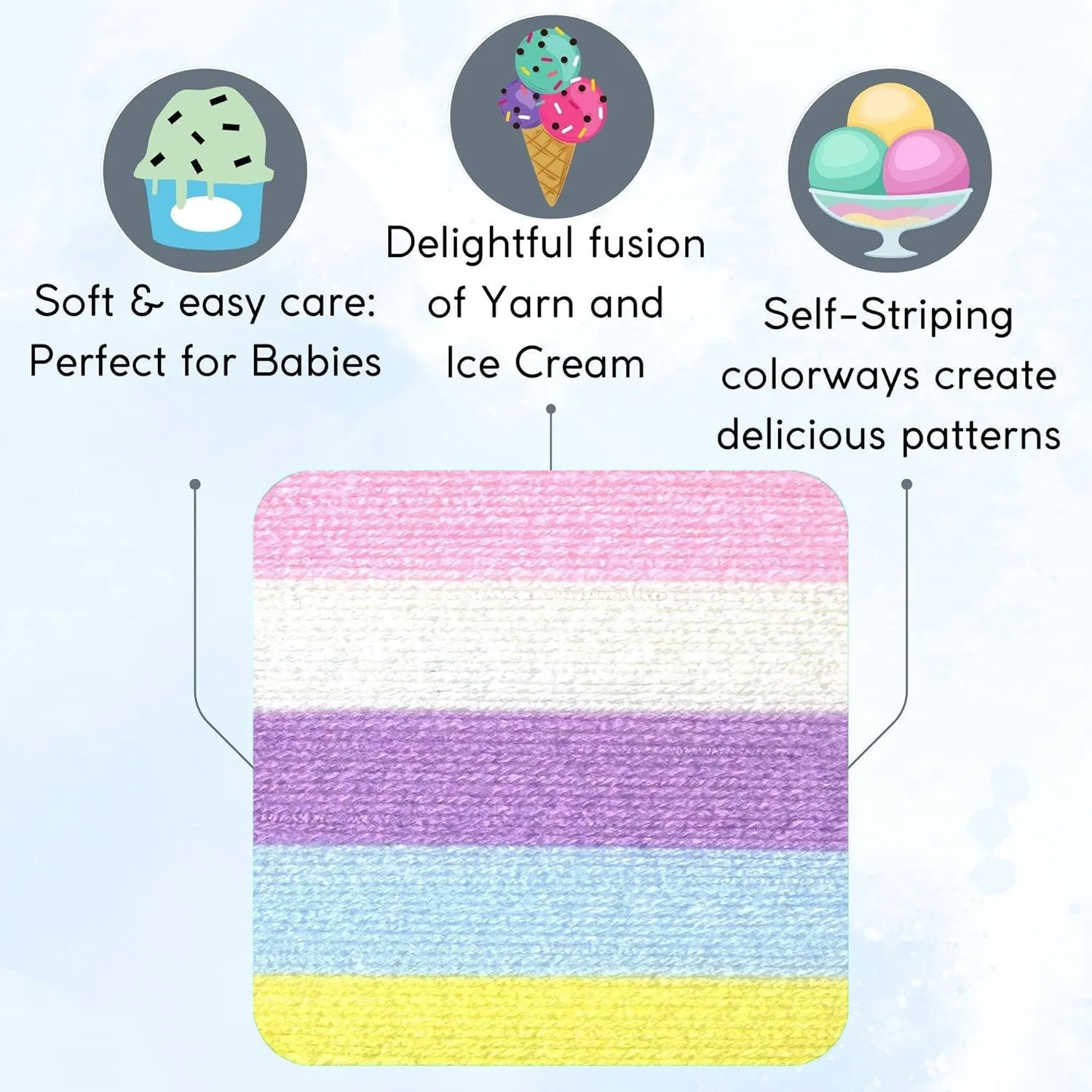 Lion Brand Ice Cream Cotton Candy 923-201 (3-Skeins - Same Dye Lot) Baby Sport #2 Acrylic Yarn for Crocheting and Knitting with Project Bag