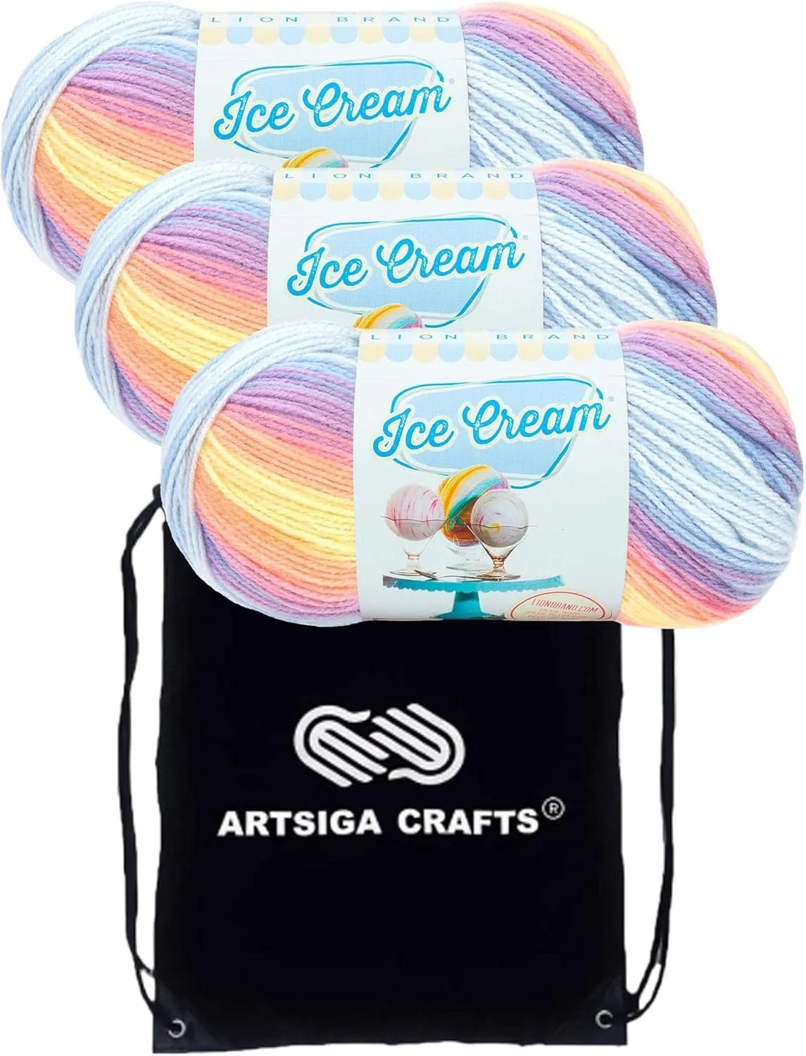 Lion Brand Ice Cream Parfait 923-220 (3-Skeins - Same Dye Lot) Baby Sport #2 Acrylic Yarn for Crocheting and Knitting with Project Bag