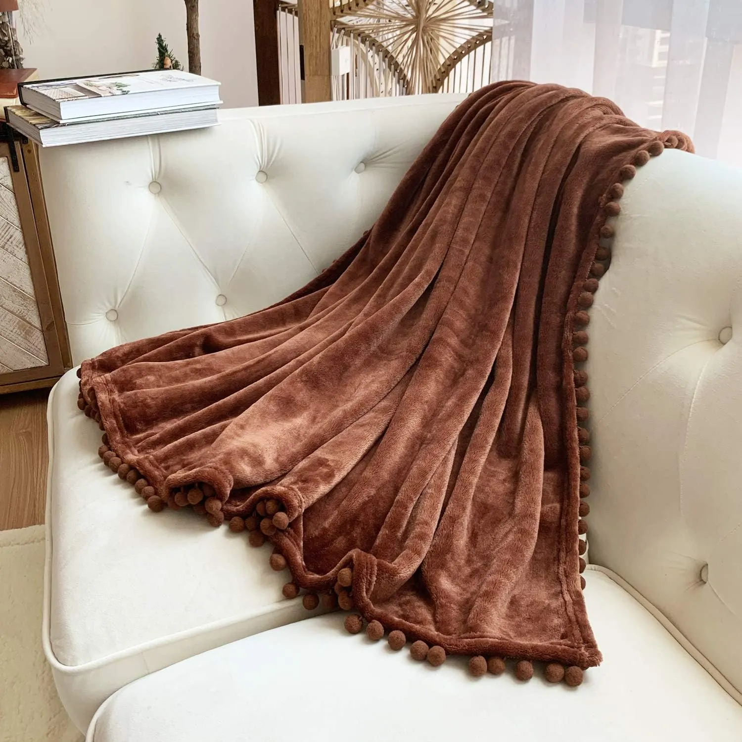 LOMAO Flannel Blanket with Pompom Fringe Lightweight Cozy Bed Blanket Soft Throw Blanket fit Couch Sofa Suitable for All Season (Brown, 60''x80'')
