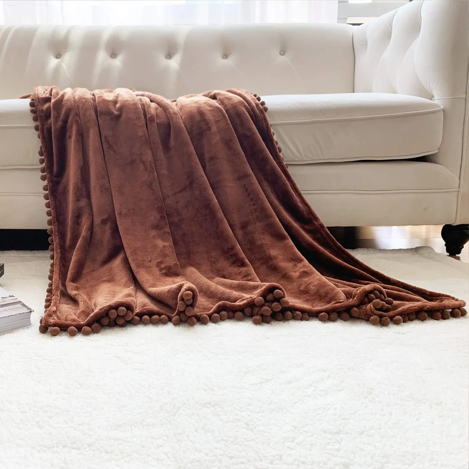 LOMAO Flannel Blanket with Pompom Fringe Lightweight Cozy Bed Blanket Soft Throw Blanket fit Couch Sofa Suitable for All Season (Brown, 60''x80'')