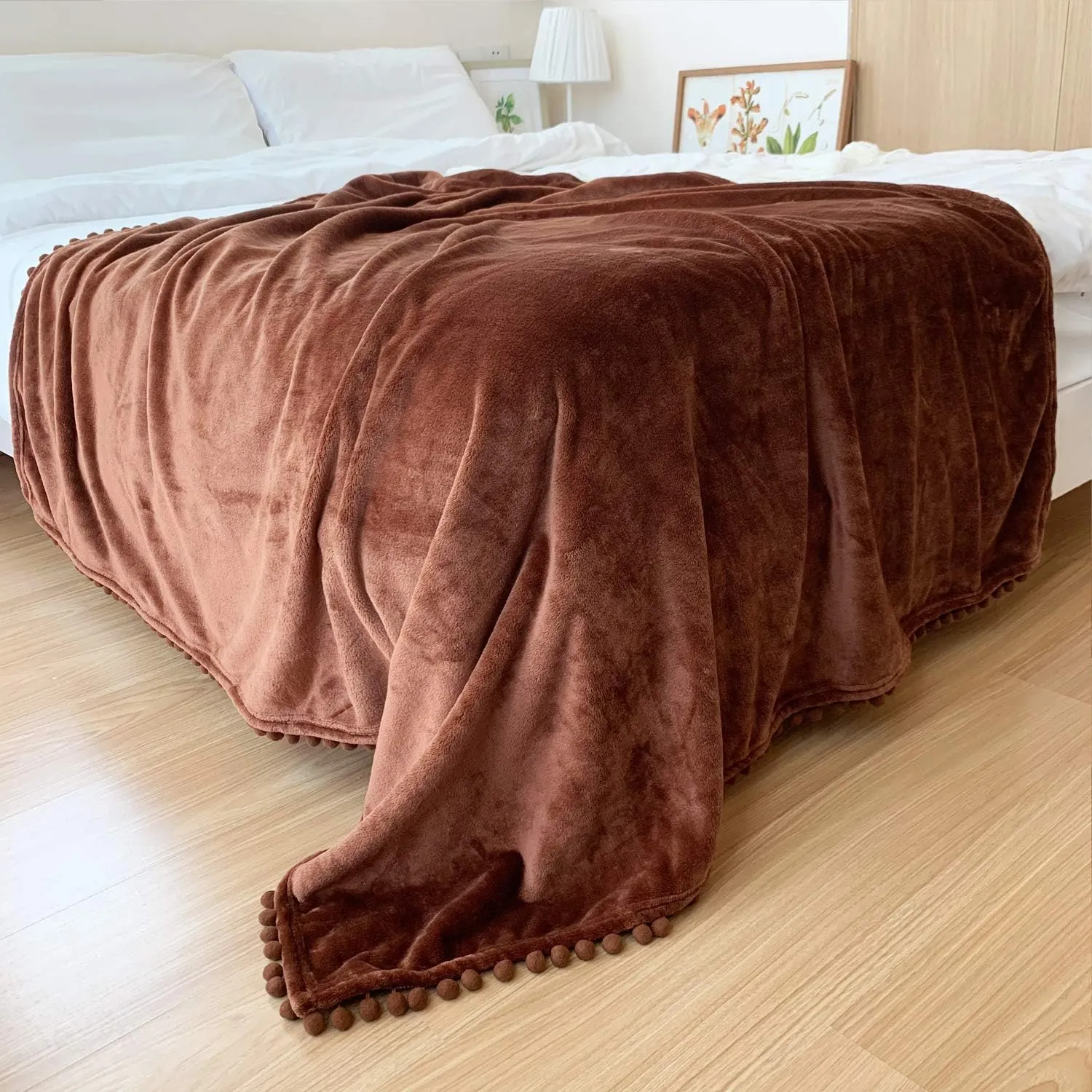 LOMAO Flannel Blanket with Pompom Fringe Lightweight Cozy Bed Blanket Soft Throw Blanket fit Couch Sofa Suitable for All Season (Brown, 60''x80'')