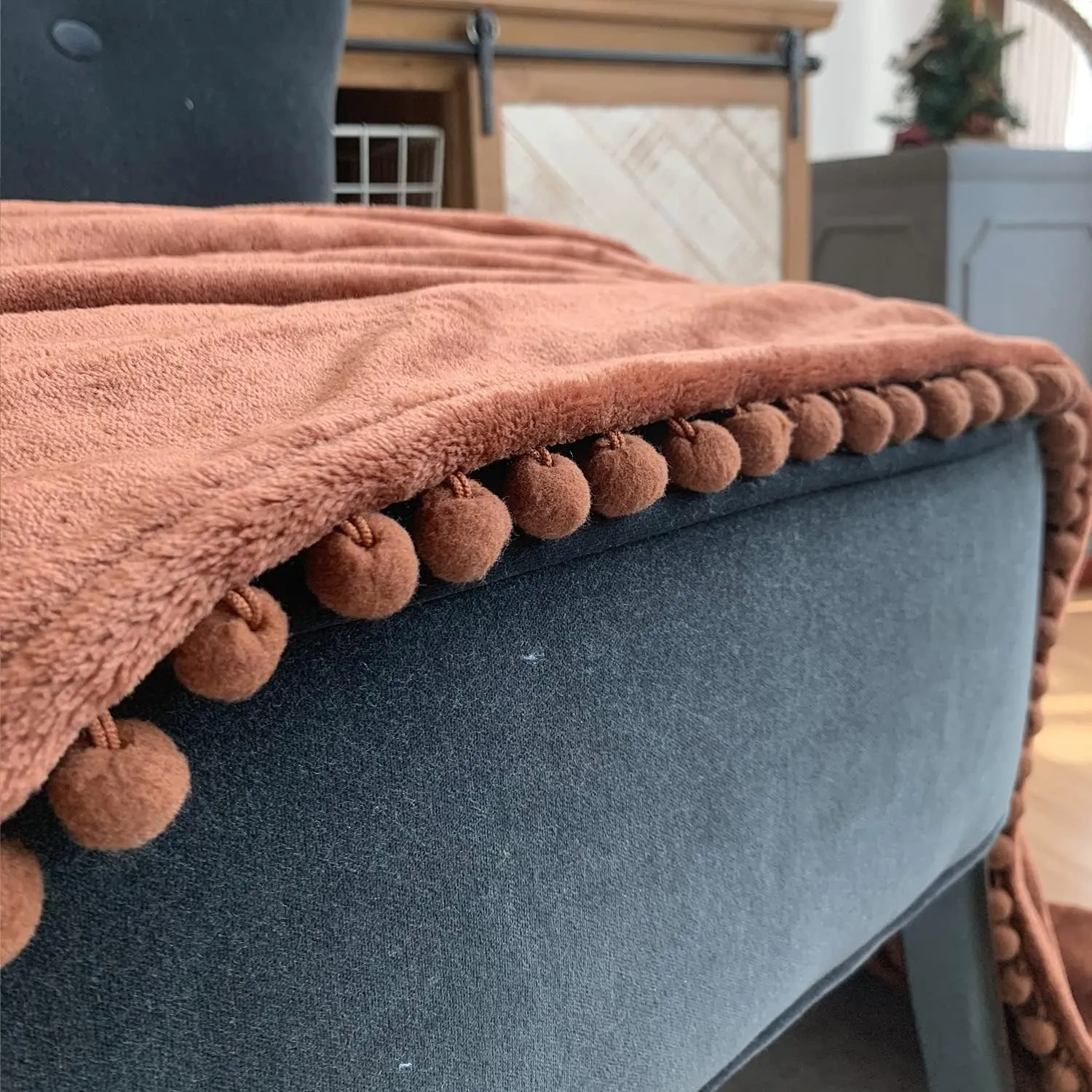 LOMAO Flannel Blanket with Pompom Fringe Lightweight Cozy Bed Blanket Soft Throw Blanket fit Couch Sofa Suitable for All Season (Brown, 60''x80'')