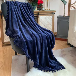 LOMAO Flannel Blanket with Pompom Fringe Lightweight Cozy Bed Blanket Soft Throw Blanket fit Couch Sofa Suitable for All Season(Dark Blue, 60''x 80'')
