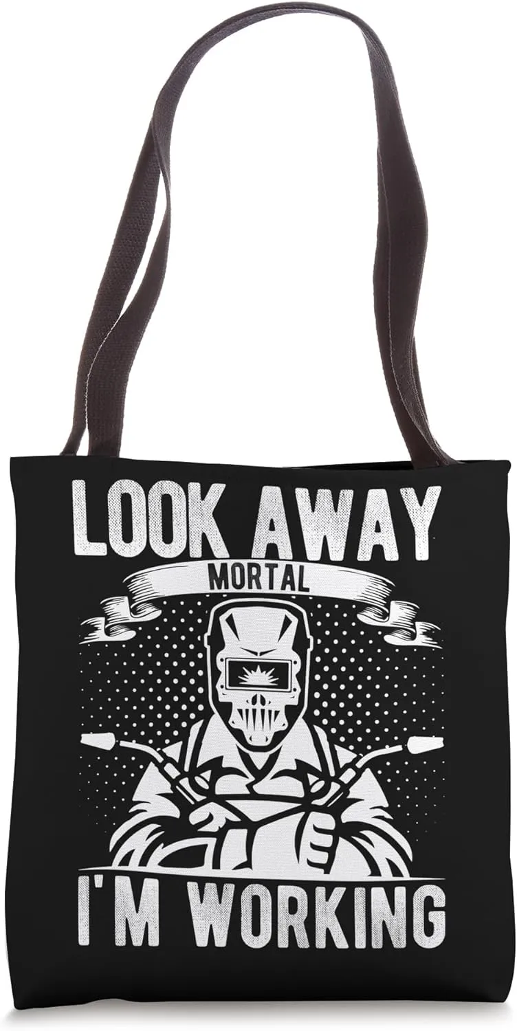 LOOK AWAY MORTAL I'M WORKING Retro Sci-fi Fun Skeleton Tote Bag