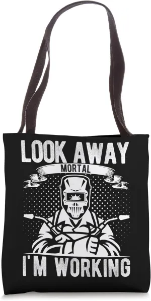 LOOK AWAY MORTAL I'M WORKING Retro Sci-fi Fun Skeleton Tote Bag