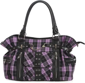 Lost Queen Rise Up Handcuff Goth Punk Rock Black and Purple Plaid Tartan Tote Crossbody Bag Women's Purse