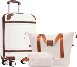 Luggage Set for Travel, Stylish Hardshell Suitcase with Spinner Wheels and Essential Bags, 20-inch, White