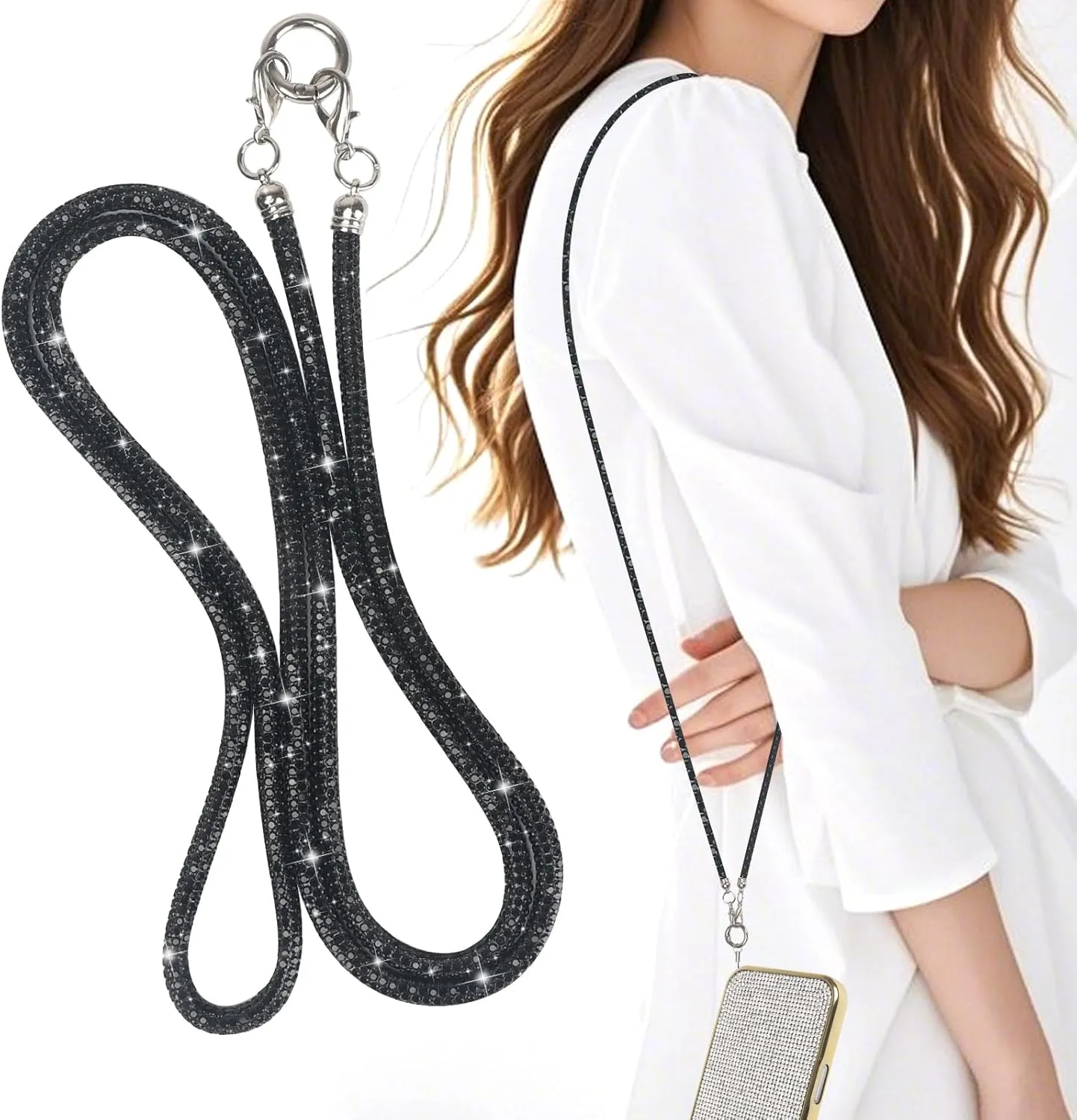 LUVI Bling Phone Lanyard Crossbody for Woman Shoulder Strap Diamond Rhinestone Chain Cute for Phones and Bags Black
